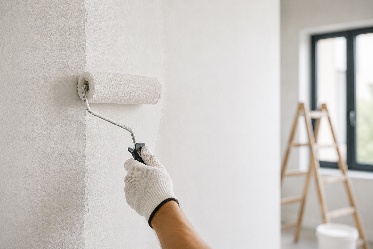 Weiße Innenwand wird mit einer Farbrolle gestrichen