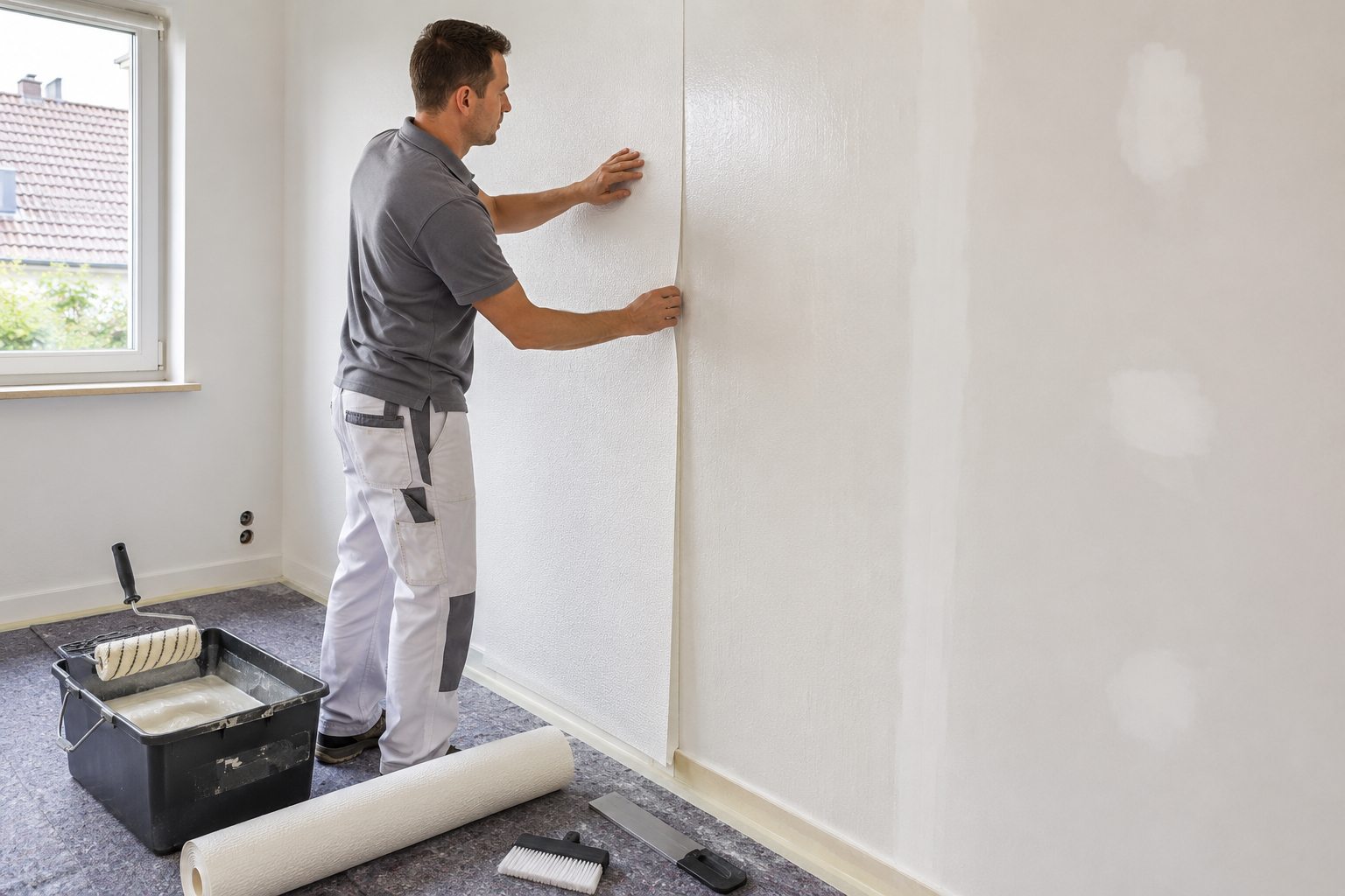 Handwerker glättet eine frisch tapezierte Wand