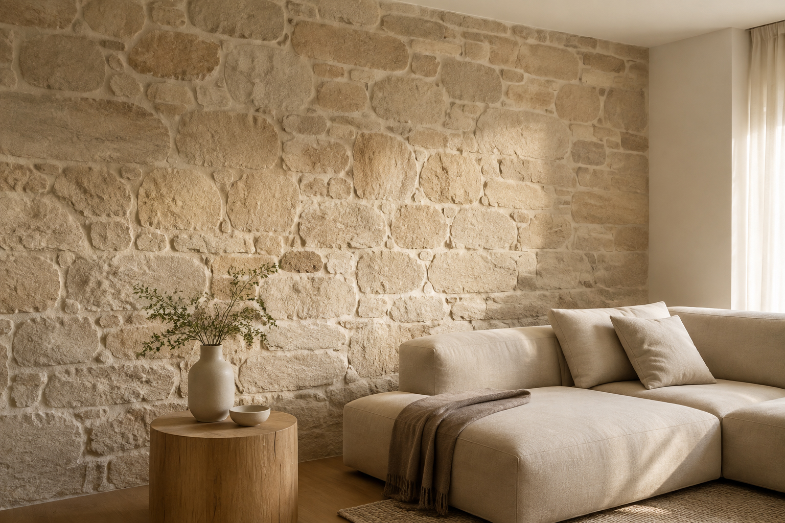Wohnraum mit heller Wand in Natursteinoptik