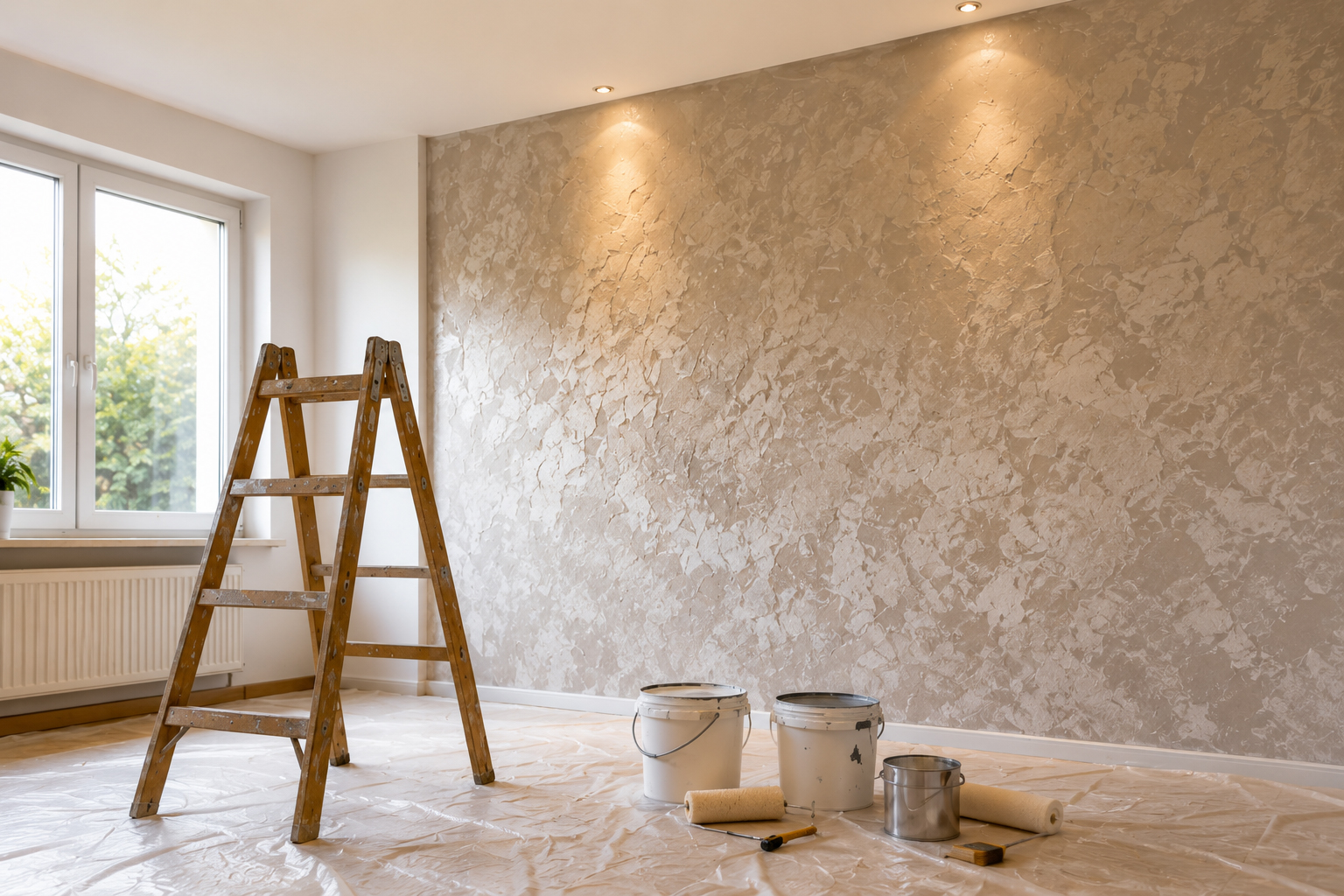 Wohnraum mit dekorativ gestalteter Wand in Spachteltechnik